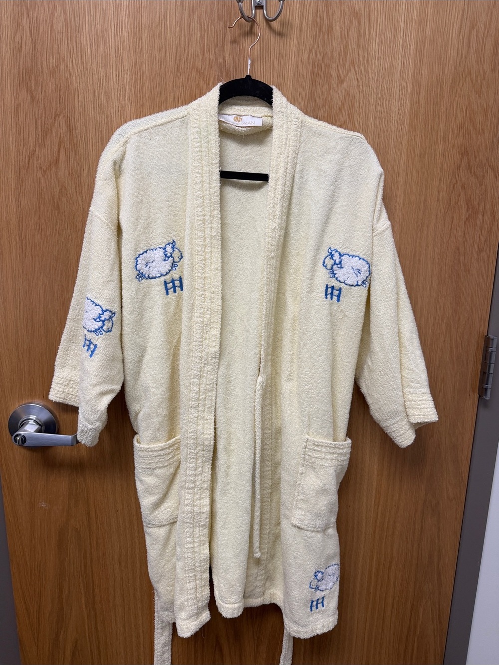 Stan Herman Vintage Butter Yellow Terry Robe with Blue Sheep Embroidery Size L